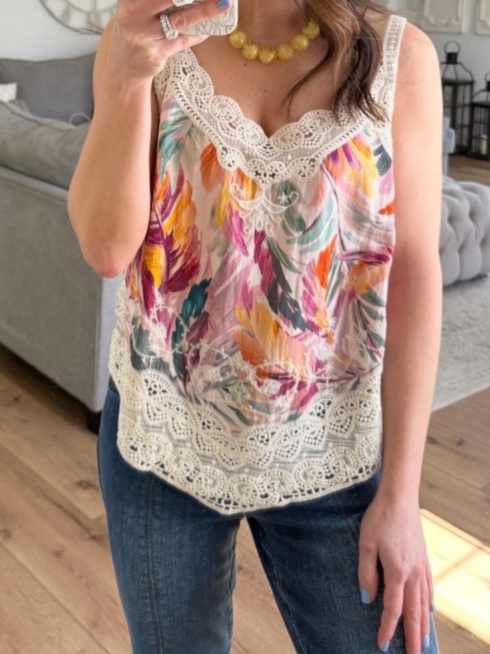 Democracy Floral Lace Trim V-Neck Tank Top - Multi colored with embroidery😎